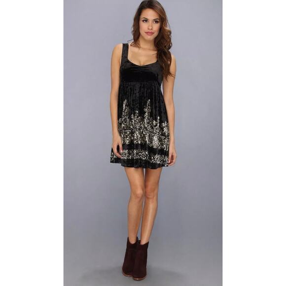 Free People Black Dress, Crushed Velvet Mini, Metalic Sequin Tank, Swing, Size S - Picture 1 of 4